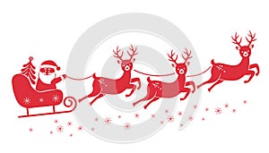 Santa rides a sleigh with his reindeer red silhouette. flat vector illustration isolated on white background