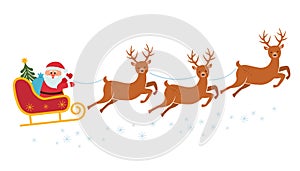 Santa rides a sleigh with his reindeer red silhouette. flat vector illustration isolated on white background