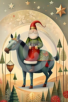 Santa riding a blue Unicorn. Christmas card. Surreal, abstract, bright and unusual card