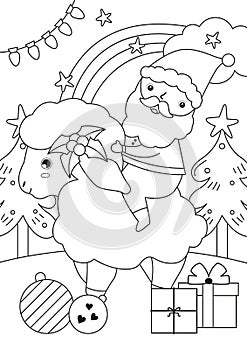Santa Riding Sheep Illustration coloring page