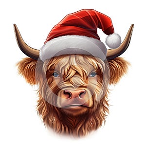 Santa\'s Bovine Buddy: Cute Christmas Highland Cow Watercolor Clipart - Isolated on White Background