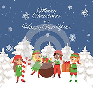 Santa s elves at the winter landscape carrying santa claus presents vector illustration. Merry Christmas card with