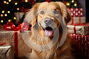 Santa\'s furry sidekick: golden retriever and presents photo