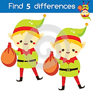 Santa`s helper elf. Find the differences educational children game. Kids activity fun page. Christmas, New Year theme