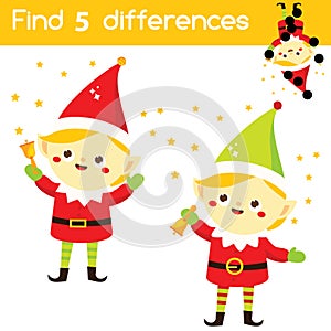 Santa`s helper elf. Find the differences educational children game. Kids activity fun page. Christmas, New Year theme