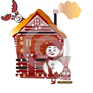 Santa s house at North Pole with snowman and his sleigh ,vector illustration