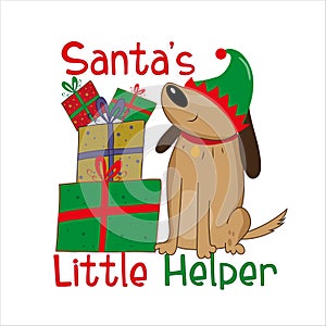 Santa`s little helper - cute dog in Elf hat, with gift boxes.