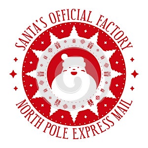 Santa\'s official factory. Xmas stamp design with cute Santa Claus.