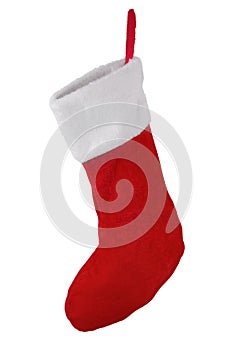 Santa`s red stocking. Concept of christmas or