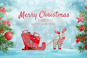 Santa`s reindeer sleigh full of gifts in snow. Merry Christmas greeting card with cute toys composition