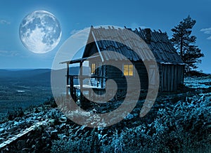 Santa`s secret cottage in magic moonlight