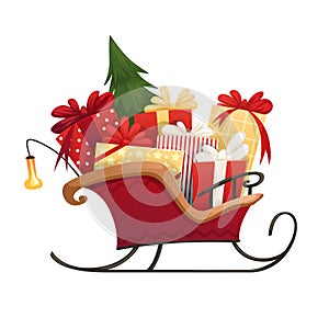 Santa`s sleigh with Christmas gifts boxes with bows and Christmas tree photo