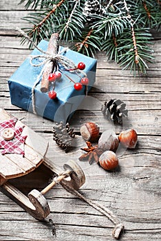Santa's sleigh and gift. Christmas card