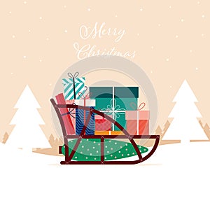 Santa`s sleigh with gifts and christmas tree