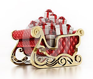 Santa`s sleigh loaded with giftboxes isolated on white background. 3D illustration