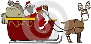 Santa`s sleigh pulled by one reindeer wearing a face mask