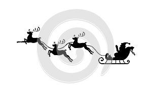 Santa`s sleigh and reindeer silhouettes icon in black. Vector on isolated white background. EPS 10