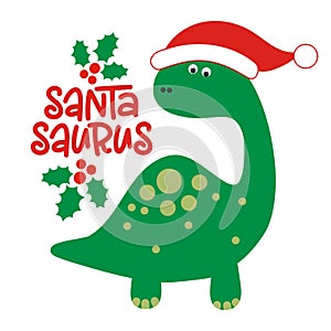 Santa Saurus - Cute brontosaurus dinosaur design with Santa hat, funny hand drawn doodle, cartoon dino.