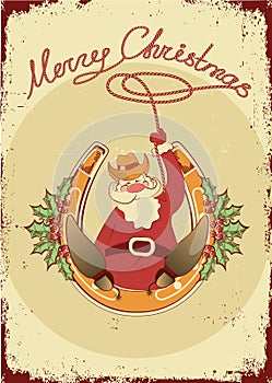 Santa sit on horseshoe with cowboy lasso