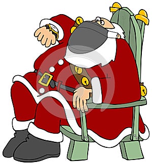 Santa sitting in a chair and checking his watch while wearing a face mask