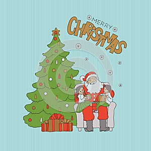 Santa sitting chair under tree with children on knees and gives gifts. Vector card Christmas holiday gold lettering