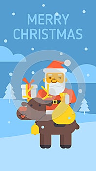 Santa sitting on reindeer holding gift bag and gift box