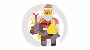 Santa sitting on reindeer holding gift bag and gift box. Alpha channel