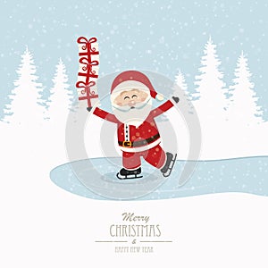 Santa skate on ice balance gifts winter background