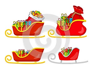 Santa sledge full of gifts set. Sleigh with presents of santa claus.  Christmas illustration isolated on white background. Vector