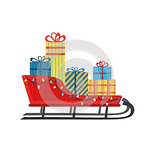 Santa sleigh with Christmas presents vector icon