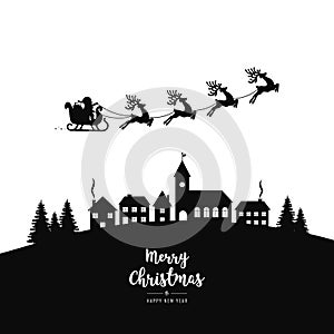 Santa sleigh flying silhouette into the winter village christmas night isolated background