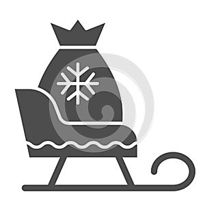 Santa sleigh with gifts solid icon. Christmas sledge vector illustration isolated on white. Sleigh with present bag