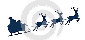 Santa on Sleigh and His Reindeers, monochrome silhouette. Christmas Greeting card vector illustration