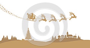 Santa sleigh reindeer fly landscape gold silhouette