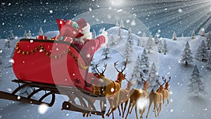 Santa in sleigh with reindeer flying with Winter forest