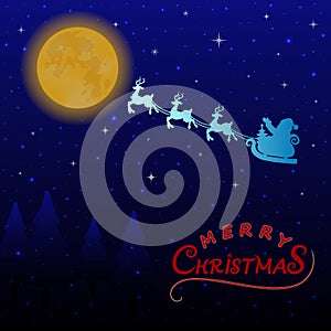 Santa in sleigh with reindeers flying on night background of sky with the shining full moon and stars