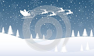 Santa on sleigh with reindeers flying in the night sky. Christmas background with Santa`s sled and Xmas deer. Winter landscape