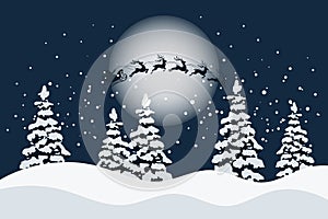 Santa on a sleigh with reindeers in the sky with the moon, winter landscape with fir trees, silhouette. Christmas illustration