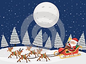 Santa on sleigh with reindeers snow night scene