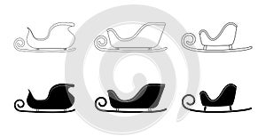 Santa sleigh silhouette and outline set. Sledge of santa claus shapes. Christmas slide black and contour icon collection. Empty