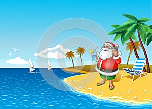 Santa with smartphone at the tropical coast with cocktail in hand