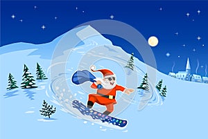 Santa on Snowboard Descending Mountain Slope at Christmas Night