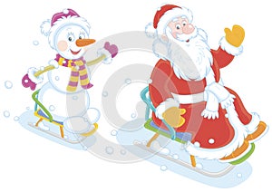 Santa and Snowman sledding down a snow hill