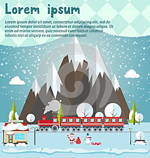 Santa and snowmen standing in forest, supermarket, steam locomotive or train and wagons on railroad track and mountains background