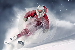 santa sport winter mountain ski skier snowboarder christmas snow holiday. Generative AI.