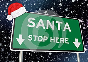 Santa stop here on signpost or billboard against starry sky at christmas or xmas night. Concept Image
