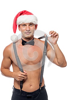 Santa stripper removes suspenders portrait