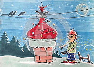 Santa stuck in chimney for christmas illustration