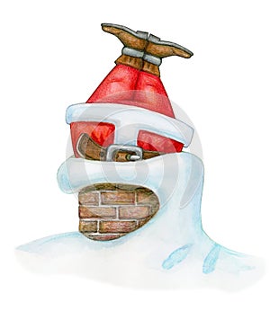 Santa stucked in chimney, isolated on white. Watercolor illustration