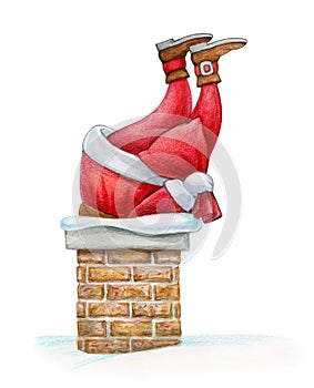 Santa stucked in chimney, isolated on white. Watercolor illustration